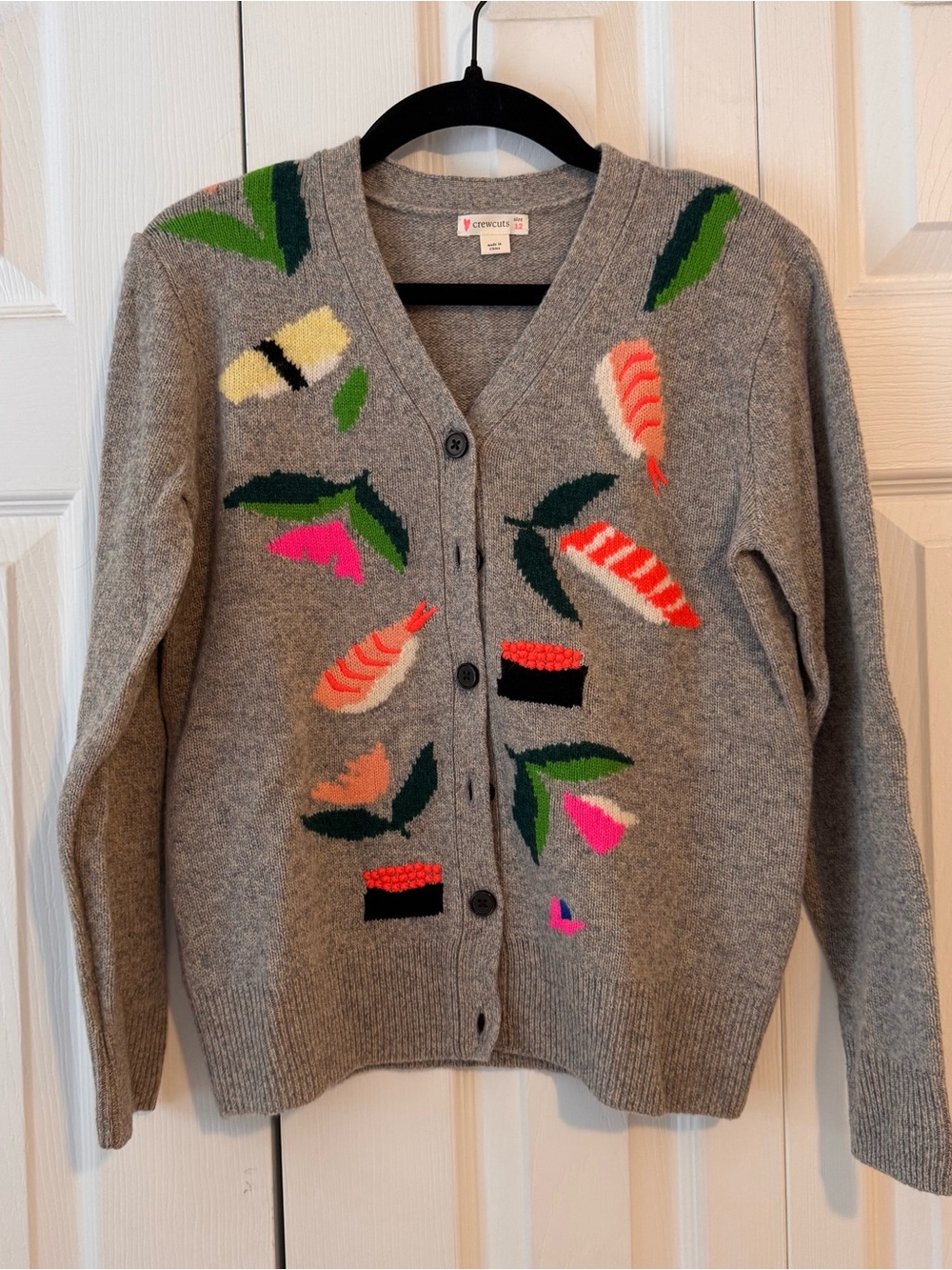 Crewcuts Gray Cardigan with Colorful Sushi & Leaf Motifs